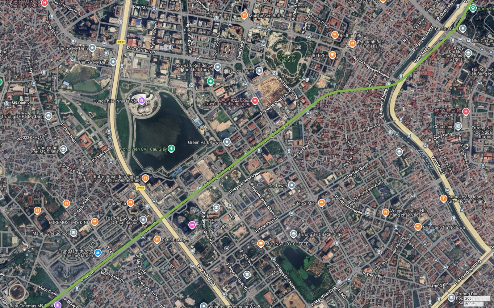 Tuyến metro số 11 Hà Nội cắt trục Phạm Hùng thuộc Vành đai 3 tại Trung Hòa, giữa cụm cao ốc phía tây